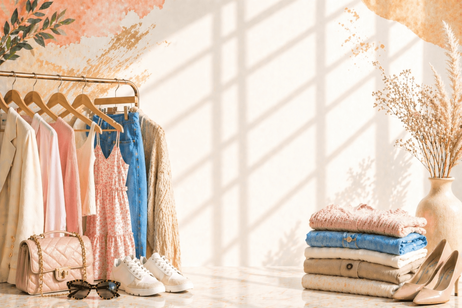 Clothing rack with folded sweaters and accessories